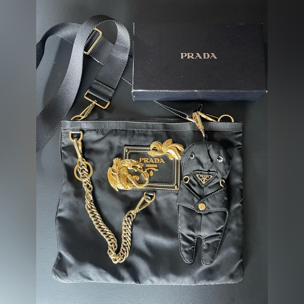 Authenticated Bundle Prada Dragon Crossbody Bag Charm & Wallet. Gold Tone accent